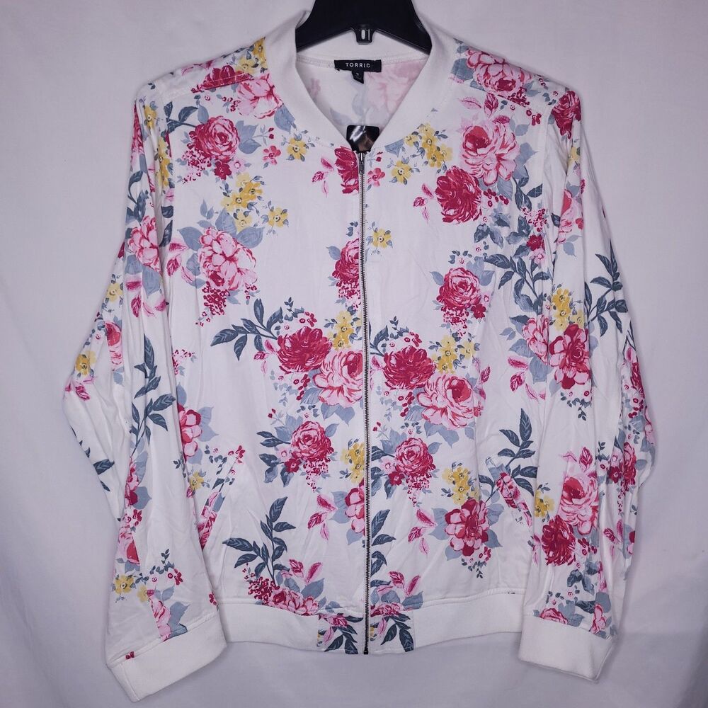 Torrid Bomber Jacket 3X White Floral Twill Full Zip NWT
